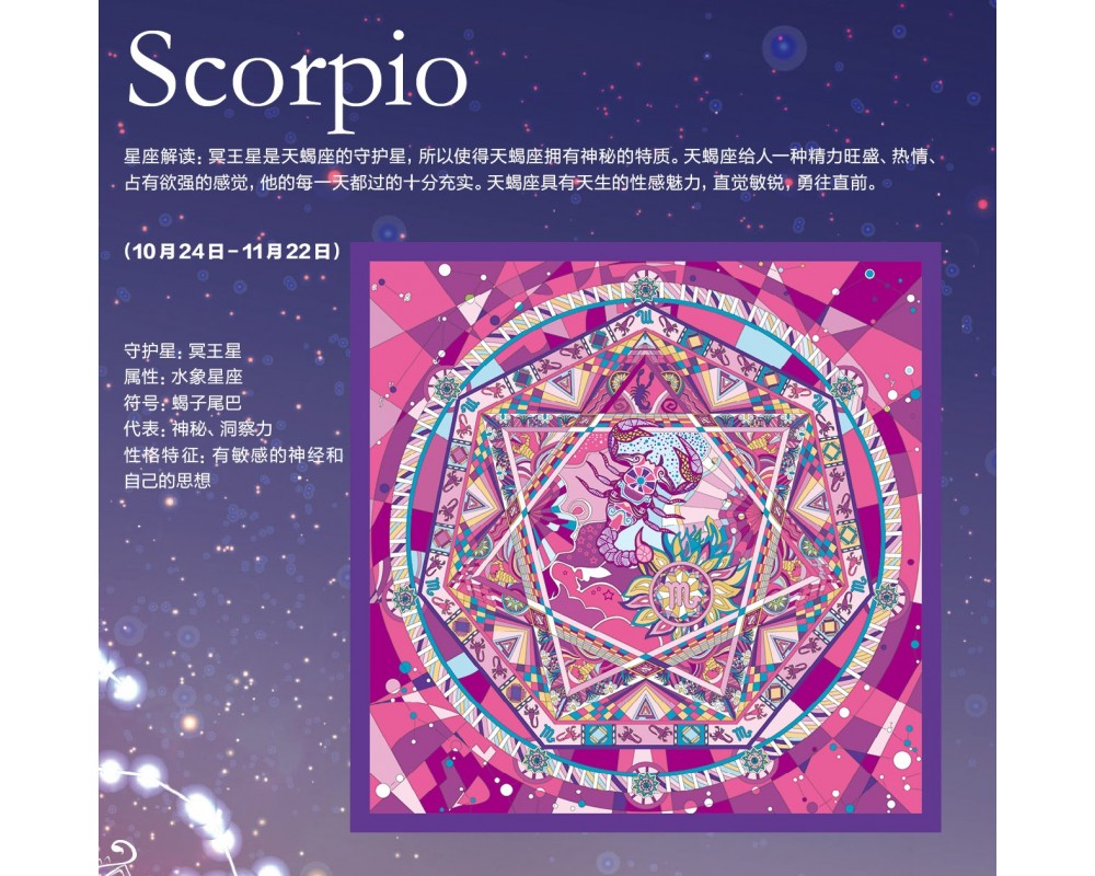 Wensli Silk Scarf - 12 animal sign per Chinese Zodiac Chart