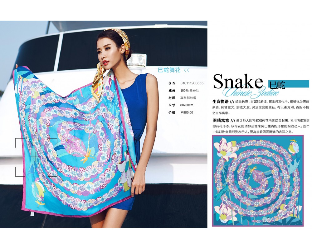 Ercole Chinese Zodiac-Print Silk Scarf, Blue